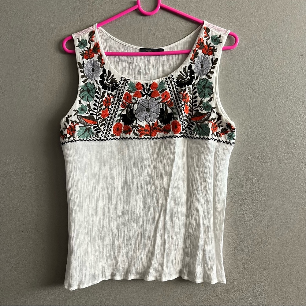 Women’s THML Anthropologie Boho Embroidered Floral White Sleeveless Tank Top S